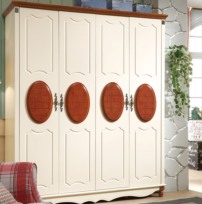 象牙白咖啡四门衣柜图片 田园风四门衣柜设计图