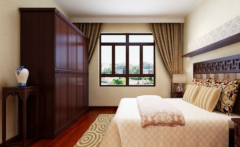 120m2三居简约中式风格卧室 实木整体衣柜图片