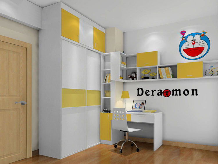 儿童房家具组合 黄白搭配衣柜效果图