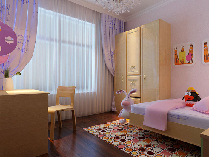 110㎡三居简约风格儿童房 原木色整体衣柜图片