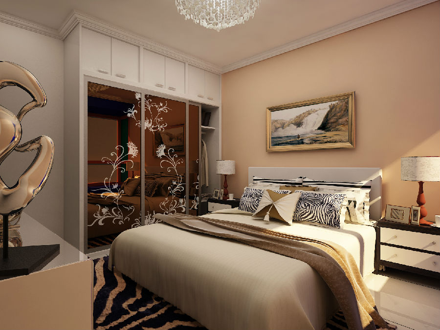 87平两居室现代简约风格装修 时尚镜面推拉门衣柜效果图