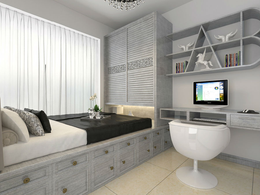 现代简约风格榻榻米床图片  超简约推拉门衣柜效果图