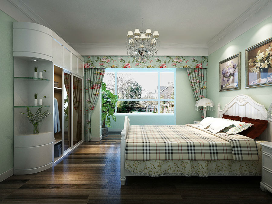 90㎡二居室田园风格卧室  田园风格转角衣柜效果图